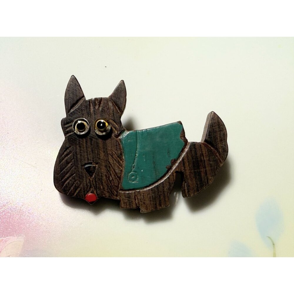 Art Deco 30's Carved Wood Scottie Dog Brooch Glass Eyes - Picture 6 of 6